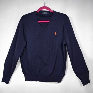 Polo Ralph Lauren Mens Sweater Medium V Neck Pima Cotton Blue Orange Logo Preppy